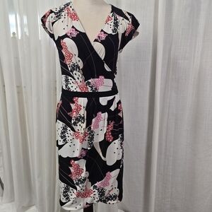 2/$30 Y2K New York &‎ Co Faux Wrap Black Floral Midi Dress Womens Size M
